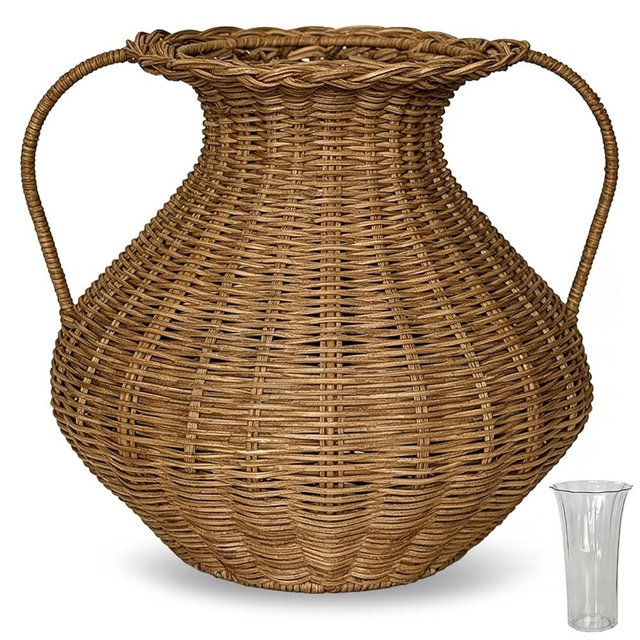 Handwoven Natural Rattan Flower Vase, Wicker Basket with Acrylic Liner, Double-Handle Nordic Style Vessel for Fresh & Dried Flowers, Rustic Farmhouse Decorative Pot for Boho Home Tabletop