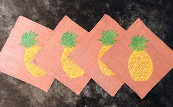 Cocktail Napkin. Reusable cocktail napkin. zero waste cocktail napkin. linen napkin. pineapple napkin. block printed.