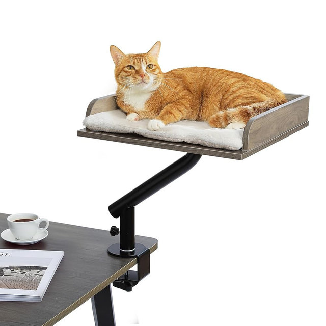 PAWZ Road Cat Desk Bed, Wooden Cat Bed for Desk Supports Up to 50 lbs, 360° Rotation & Adjustable, Nest Desktop Attachment Cats Hammock for Table, Gray