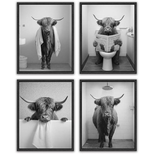 Funny Highland Cow Bathroom Wall Art Framed Black and White Rustic Cute Bathroom Canvas Prints for Bathroom Restroom Decor 8x10inx4pcs (Framed)