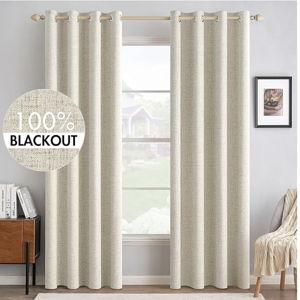 MIULEE 100% Blackout Linen Textured Curtains for Bedroom Solid Thermal Insulated Cream Grommet Room Darkening Curtains & Drapes Luxury Decor for Living Room Nursery 52 x 96 Inch (2 Panels)