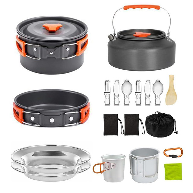 Camping Cooking Set Camping Cookware Outdoor Aluminum Mess Kit with Frying Pan, Pot with Lid, 1.2L Kettle Set and 2 Stainless Steel Plate, 2 Folding Cups and 2 Set Knives Spoons for Backpacking Picnic