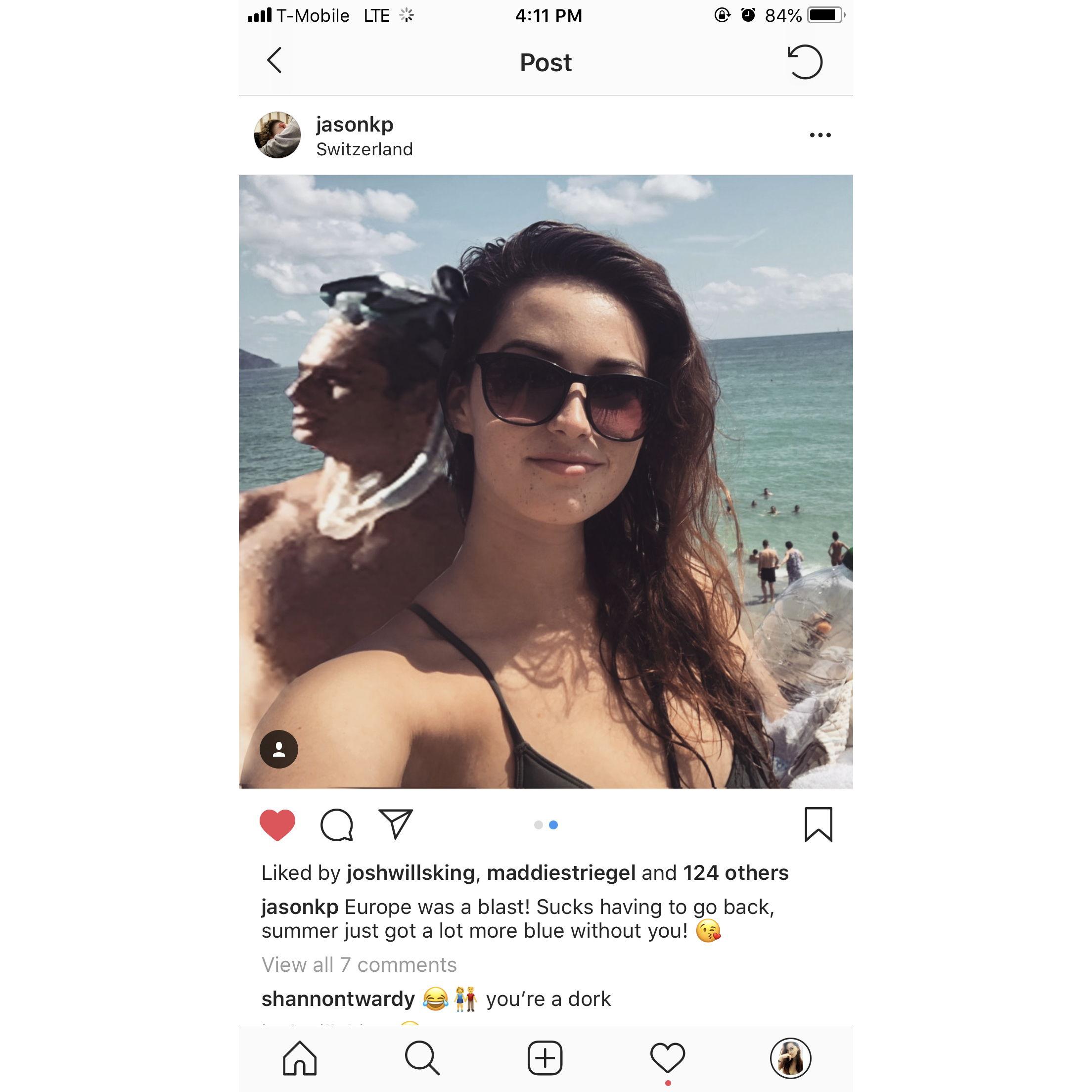 Jason misses Shannon so much while shes abroad that he photoshops himself into her pictures.