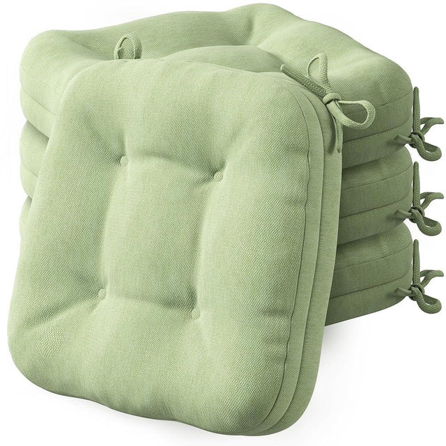 Codi Dining Chair Cushions 4 Pack, Thick Chairs Pads for Indoor Kitchen Room - Washable, Non-Slip Memory Foam Seat Cushion with Ties, 16.5"x16.5"x 3.5", Set of 4, Sage