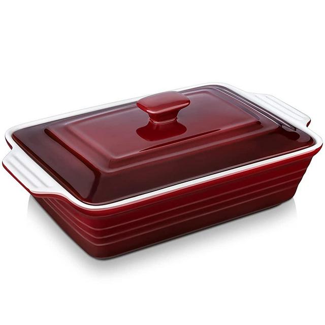 4 Quart Casserole Dish with Lid, 9 x 13 Inches LOVECASA Lasagna Pan Deep, Ceramic Baking Dish for Casseroles, Covered Rectangular Cooking Bakeware Oven Safe for Dinner, Banquet and Party, Red Gradient