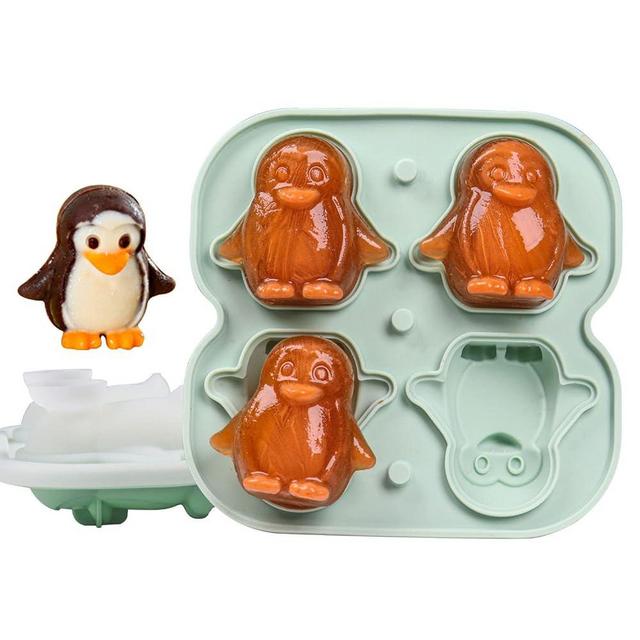 Penguin Ice Cube Mold, Fun Shapes Ice Cube Tray, Make 4 Cute Penguin Ice Balls for Drinks Cocktails Iced Coffee, Silicone Ice Mold Chocolate Mold with Funnel-type Lid, Green