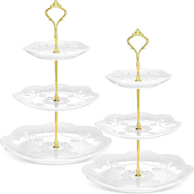 2 Pcs 3 Tier Porcelain Cupcake Stand, White Ceramic Tiered Stand, Afternoon Tea Stand, Pastry Serving Stand Elegant Dessert Cookie Stands for Wedding, Birthday, Tea Party (Lace Round Shape)