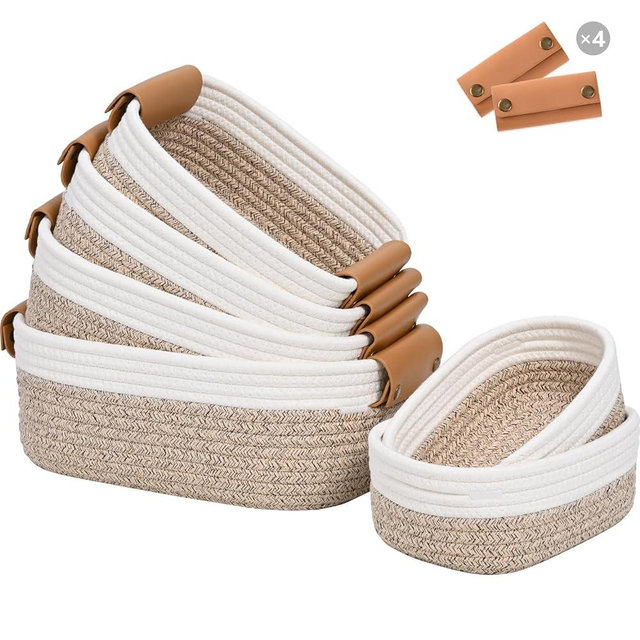 Storage Baskets for Organizing, Small Woven Basket Set of 6-4 Shelf Basket with Leather Handle and 2 Small Gift Baskets, Cotton Rope Basket for Shelves, Nursery, Dog Toy, Bathroom
