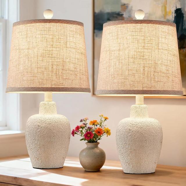 HUITICO Table Lamps for Bedroom Set of 2 Farmhouse Table Lamps for Living Room 21" Rustic Cottage Jar-Shaped Bedside Lamp for Nightstand with Natural Beige Finish,Bulbs Not Included
