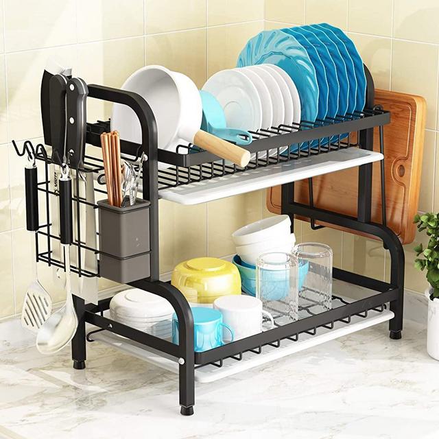 Dish Drying Rack, 1Easylife 2-Tier Compact Kitchen Dish Rack Drainboard Set, Large Rust-Proof Dish Drainer with Utensil Holder, Cutting Board Holder for Kitchen Counter Tableware Organizer Space Saver
