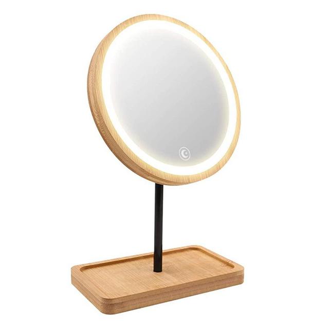 Kimikata Lighted LED Makeup Mirror Vanity Mirror with 3 Color Lights, Cordless USB Rechargeable Battery, 360° Rotation, Bamboo Wood Beauty Storage Tray, Tabletop Stand, Dimmable Circular Light Ring