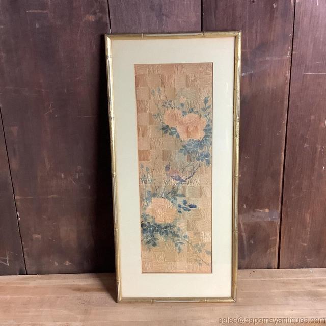 Vintage Asian Oriental Rice Paper Painting Bird w Flowers Gold Faux Bamboo Frame