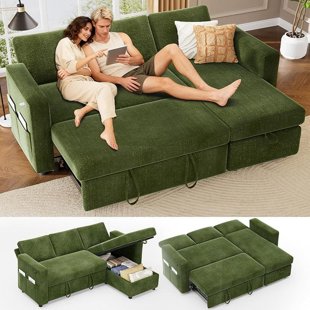 Vipbear 82" Sectional Sleeper Sofa with Pull Out Bed, L Shaped Couch Sleeper Sofa Bed, Pull Out Couch with Reclining Backrest, Reversible Storage Chaise, USB Ports, Tool-Free Assembly, Chenille Green