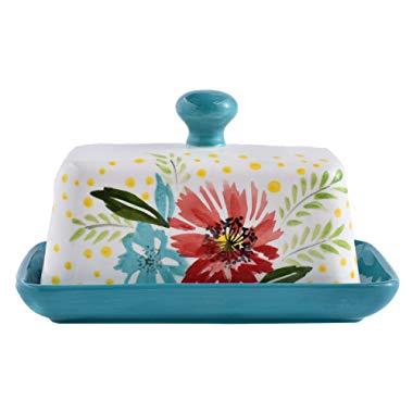 Ceramic Butter Dish with Lid, Wisenvoy Hand Painted Flower Design Butter Keeper with Handle For Kitchen Storage & Decor or Christmas Gift Idea, Jade Green