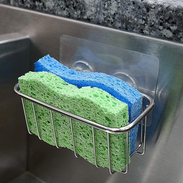 BEST Sponge Holder for Kitchen Sink with Strong Adhesive | Fits Two Sponges | Stainless Steel Sink Caddy for Dish Sponges