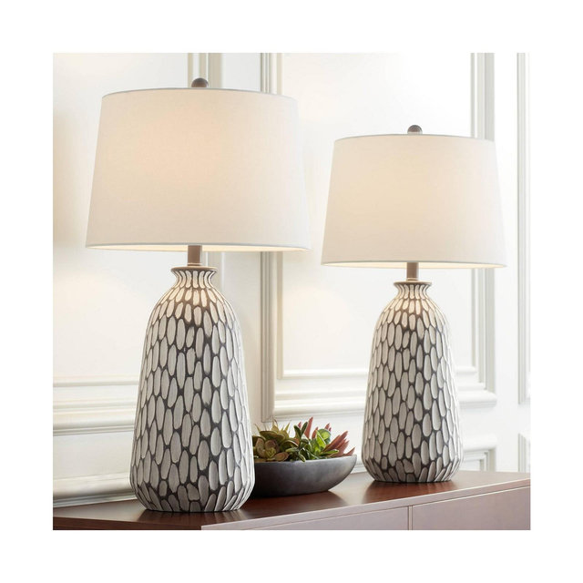 360 Lighting Carlton Modern Table Lamps 28 1/4" Tall Set of 2 Gray Wash Off White Fabric Drum Shade for Bedroom Living Room Bedside Nightstand Office