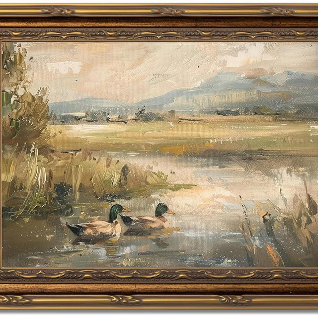 Gold Framed Vintage Duck Canvas Wall Art pond Mallard Duck Lake Painting Picture Wall Decor Reed Scenery Rustic Animal Oil Poster Print Artwork for Living Room Bedroom Home Decoration 9x11in