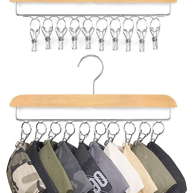 Mkono Hat Hangers for Closet Set of 2 Wooden Hat Racks Organizer for Baseball Caps with 20 Stainless Steel Clips, Baseball Hat Holder for Closet Storage, Fits All Caps, Wood Color