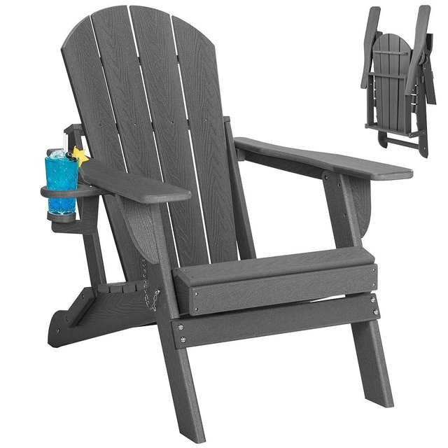 Rengue Folding Adirondack Chair, Patio Chair with Cup Holder, Wood Texture Fire Pit Chair, Heavy Duty HDPE Weather Resistant for Outdoor Lawn Porch Garden Backyard Deck (Gray)