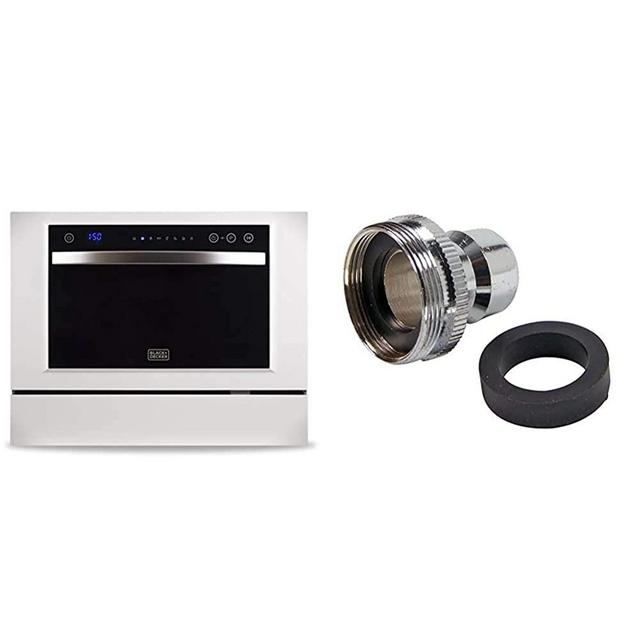 BLACK+DECKER BCD6W 6 Place Setting Compact Countertop Dishwasher & Danco Dishwasher Faucet Adapter | Dishwasher Snap Adapter Connection | 15/16-27Male or 55/64-27Female | Chrome (36108E)