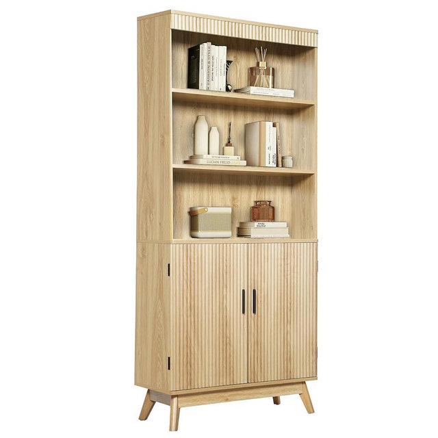 68" Fluted Tall Bookcase with Storage Cabinet,Mid-Century Modern 5-Tiers Arched Bookshelf Cabinet with Doors,Arched Bookcase with Open Display Storage Shelf for Home Office Bedroom Living Room,Natural