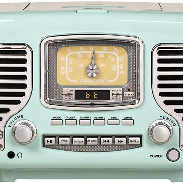 Crosley CR612B-AB Corsair Tabletop AM/FM Bluetooth Radio with CD Player and Dual Alarm Clock, Aqua Blue