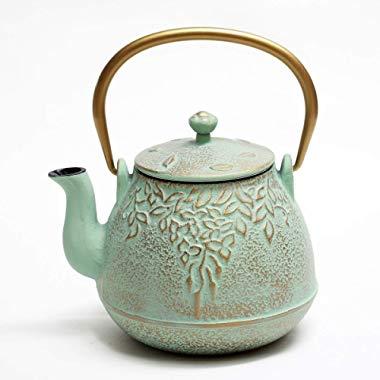 Tea Kettle, TOPTIER Japanese Cast Iron Teapot with Stainless Steel Infuser, Cast Iron Tea Kettle Stovetop Safe, Leaf Design Teapot Coated with Enameled Interior for 32 Ounce (950 ml), Light Green