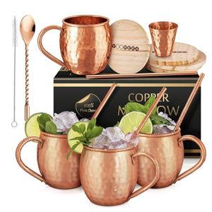 Gift Set Moscow Mule Mugs Set Of 4 16 oz Solid Cooper, 100% Pure Copper Cups HANDCRAFTED, BONUS 4 Straws, 4 Wood Coasters, Stirring Spoon, Shot Glass and Cleaning brush (Oval)
