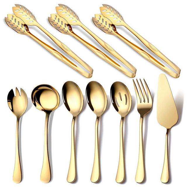 OGORI 10-Piece Gold Serving Utensils, Polished Stainless Steel Gold Serving Utensils Set Include Serving Spoons, Slotted Serving Spoon, Serving Tongs, Serving Fork, Salad Fork, Soup Ladle, Pie Server