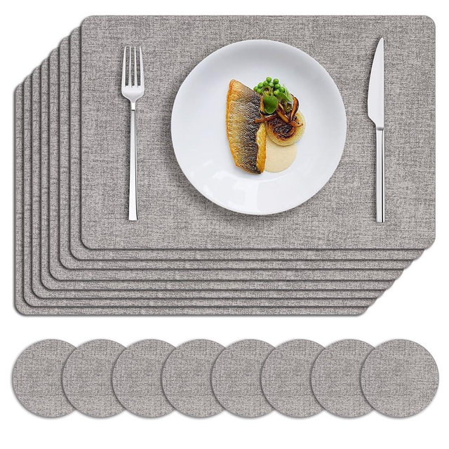 MOSAYT Placemats Set of 8, Heat Resistant Vinyl Place Mats with Coasters, Wipeable Washable 100% Waterproof Oil Proof Faux Leather Table Mats for Kitchen Dining Party Outdoor, 12" x 18", Light Grey
