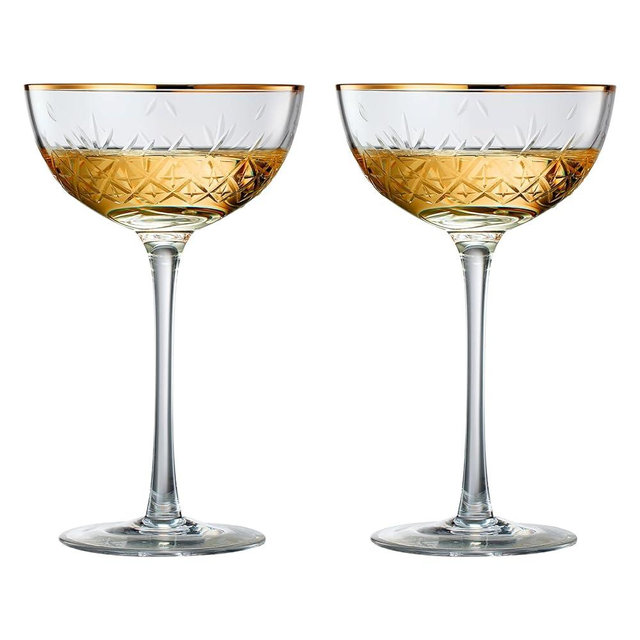 Vintage Art Deco Luxury Coupe Glasses, Cocktails, Martini, Margarita, In Premium Gift Box 24K Gold Rim | Set of 2 | 8 oz Classic Cocktail Glassware - Champagne, Manhattan, Cosmopolitan Crystal Goble