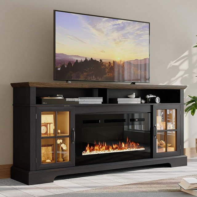 Nordivale 70" Fireplace TV Stand, Farmhouse Entertainment Center for TVs Up to 80", TV Console with Storage Cabinets, Media Console for Living Room, Black TV Stand and Black Fireplace