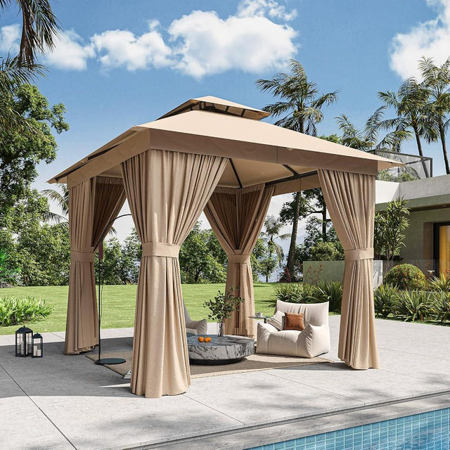 Breezestival 8'x8' Gazebo, Outdoor Gazebo Metal Frame Canopy with Double Roofs, Heavy Duty Patio Tent Shelter with Mosquito Netting and Privacy Screen for Backyard, Beige