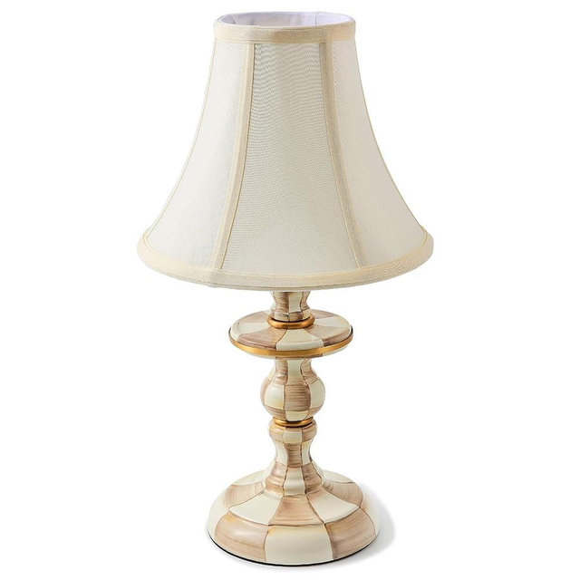 MACKENZIE-CHILDS Candlestick Lamp, Decorative Living Room and Bedroom Lamp, Brown-and-White Mocha Check