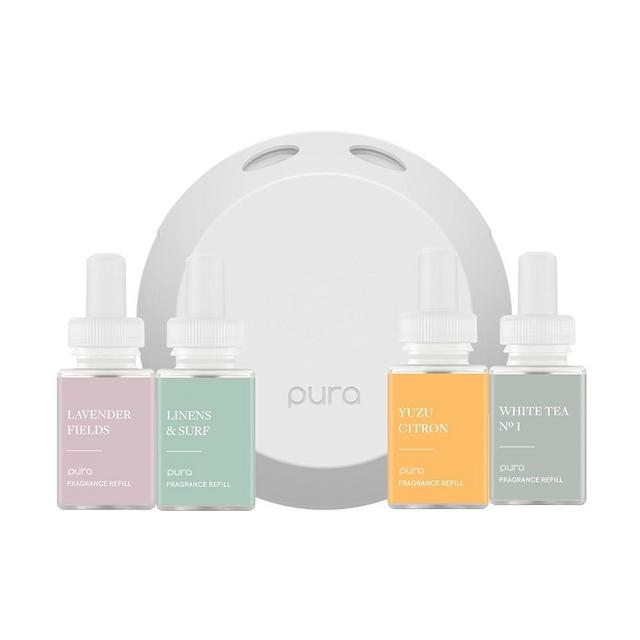 Pura Smart Home Fragrance Device Starter Set - Pura 4 - Scent Diffuser for Home - Linens & Surf, Lavender Fields, White Tea No. 1, Yuzu Citron Scent