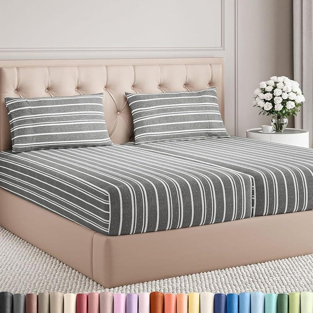 Split King Size 5 Piece Sheet Set - Comfy Breathable & Cooling Bed Sheets Set - Hotel Luxury Bedding for Women, Men, Kids, Teens, Boys & Girls - Deep Pockets & Wrinkle Free - Oeko-Tex - Grey Stripes 3