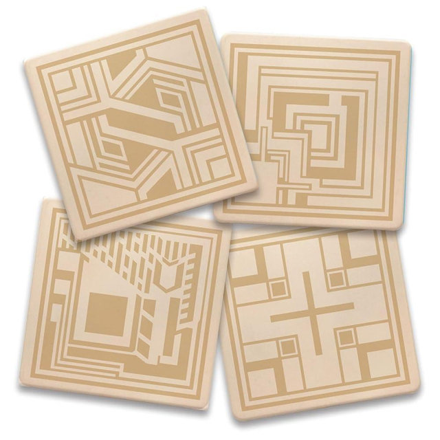 Frank Lloyd Wright's Assorted Textile Block Designs on 4 Pack Stone Coasters with Protective Cork Backing Manufactured in the USA Absorbent Easily Wipes Clean