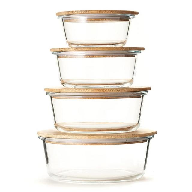 Stylvio Premium Set of 4 Airtight Round Glass Storage Containers with Bamboo Lids for Meal Prep and Food Storage, BPA Free Reusable Pantry Storage, Eco-friendly, Dishwasher, Oven and Freezer Safe
