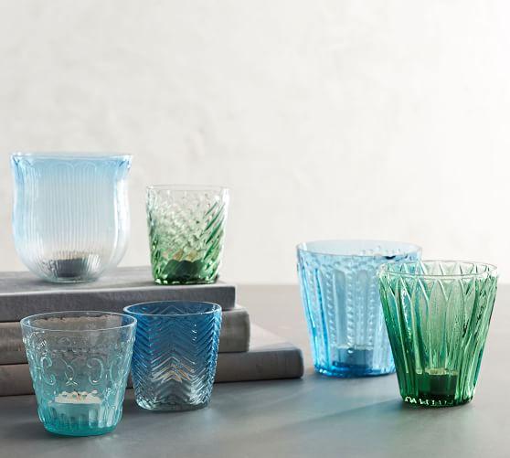 Pastel Pressed Glass Votive Holders, Blue/Green - Set Of 6