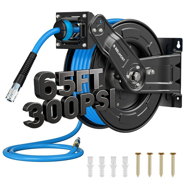 Retractable Air Hose Reel, 65ft x 3/8in Hybrid Air Hose (300PSI), Heavy Duty Compressor Hose Reel, Auto Rewind - Wall/Ceiling Mount for Workshops