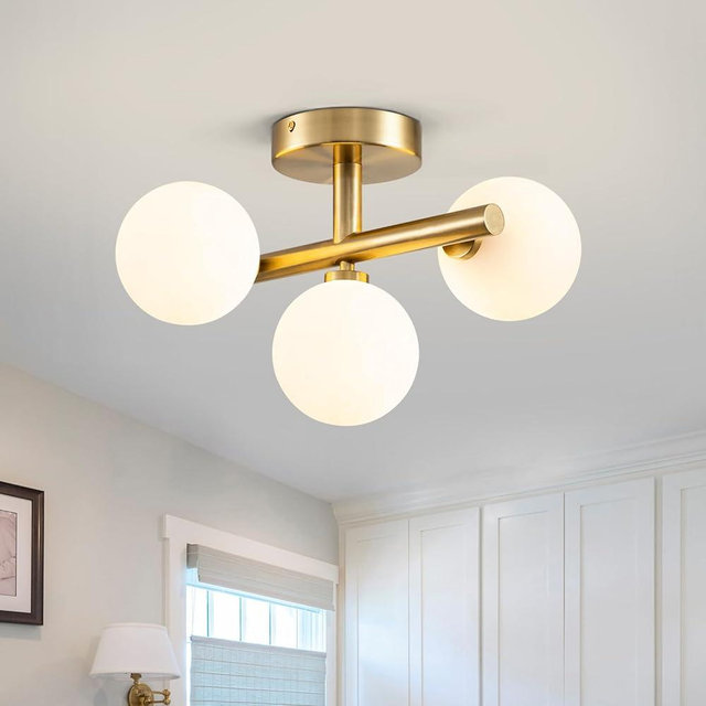EDISLIVE 3-Light Semi Flush Mount Ceiling Light Frosted Globe, 17.72in Modern Brass Sputnik Light Fixture Chandeliers with Milk Glass Shade Gold Finished