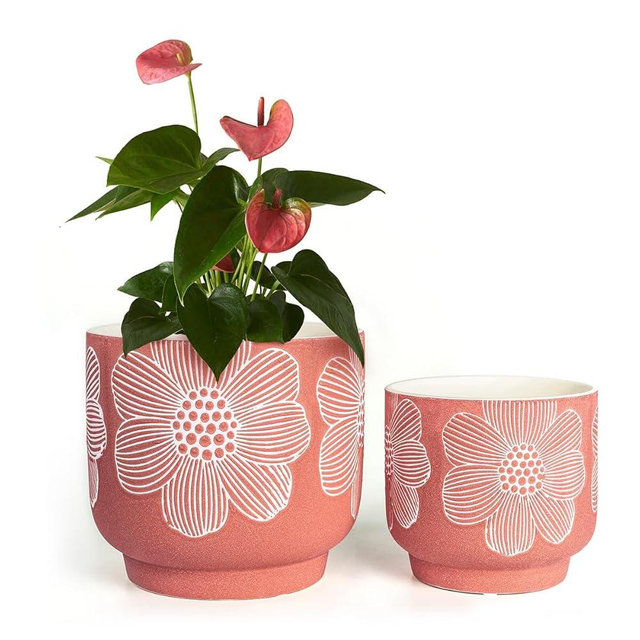 YBX 8 Inch + 6 Inch White Flower Pattern Plant Pots, Sand Glazed Ceramic Planter with Drainage Hole, Flower Pots for Indoor Plants, Red