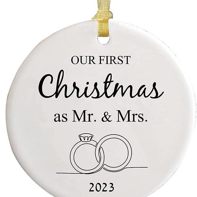 Our First Christmas as Mr.&Mrs.Wedding Gifts for Couples 2023 Christmas Ornaments Wedding Gifts Christmas Tree Decorations Two-Side Printed Christmas Ceramic Ornament for Christmas Decor