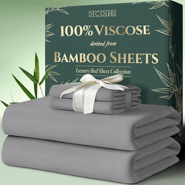DECOLURE 100% Viscose Derived from Bamboo Sheets Twin Size 4pcs - Ultra Soft & Luxuriously Cooling, 17" Deep Pocket, Double Stitching, Perfect for Hot Sleepers - Twin Bed Sheets (Midgrey)