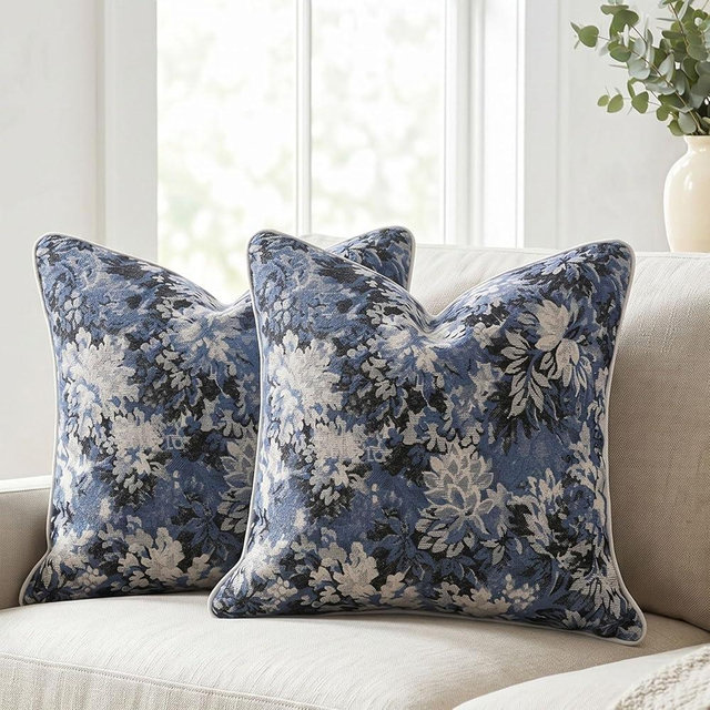 BOYSUM Vintage Floral Throw Pillow Covers 20x20 Inches Set of 2 Boho Farmhouse Pillow Cases Premium Chenille Textured Decorative Cushion Covers for Couch Retro Garden Farmhouse Style Blue