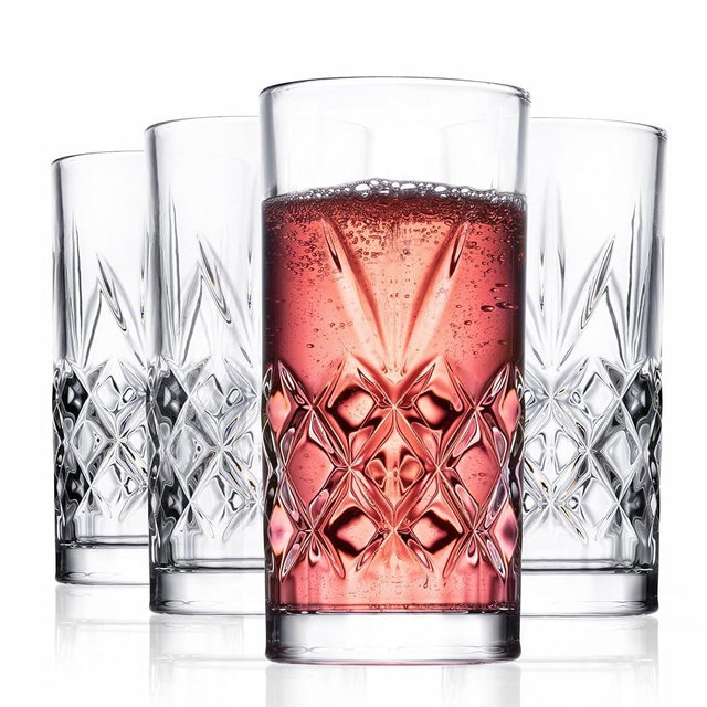 Royalty Art Kinsley Tall Highball Glasses Set of 8, 12 Ounce Cups, Textured Designer Glassware for Drinking Water, Beer, or Soda, Trendy and Elegant Dishware, Dishwasher Safe (Hiball Set Of 4)