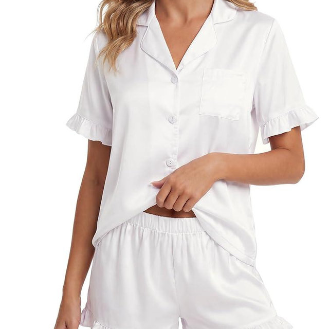 Umenlele Women's 2 Piece Satin Pajama Set Cute Ruffle Short Sleeve Button Down Shirt with Shorts Summer Pjs