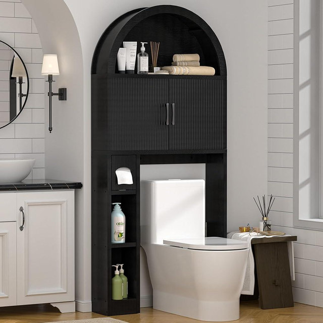 Spurgehom Over The Toilet Storage Cabinet, Bathroom Shelf Organizer Freestanding, Bathroom Arch Cabinet Over Toilet with Toilet Paper Holder and Anti-Tipping Device, Black