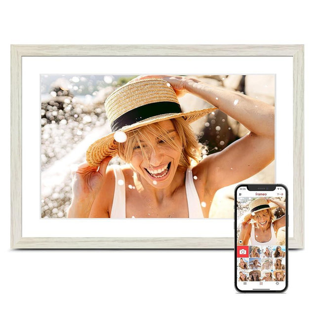 10.1 Inch Digital Picture Frame, 32GB Frameo Digital Frame WiFi, Digital Photo Frame 1280x800 HD Touch Screen, WiFi for Instant Sharing, Auto-Rotate, Wall Mountable, Gifts for Women, White Woodgrain