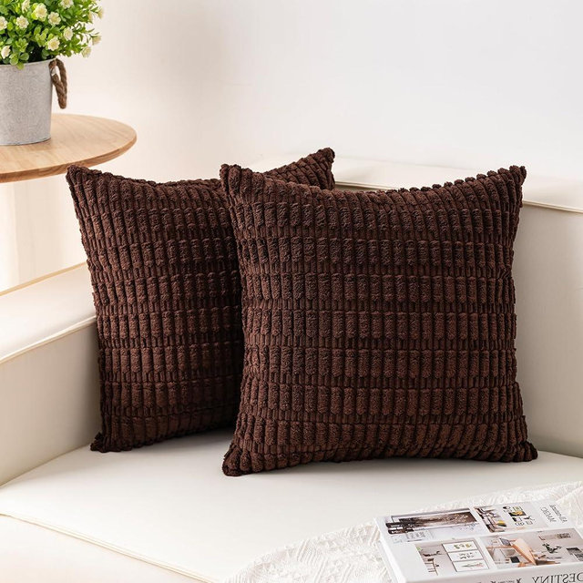 Aegero Pack of 2 Corduroy Decorative Throw Pillow Covers 20x20 InchSoft Boho Striped Pillow Covers Modern Farmhouse Home Decor for Sofa Living Room Couch Bed（Dark Brown）